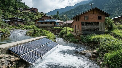 Naklejka premium A village in a remote area installing a micro-hydro power plant, using river currents to generate electricity for local homes.
