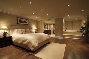 Elegant bedroom and bathroom with modern design and warm lighting in a cozy atmosphere