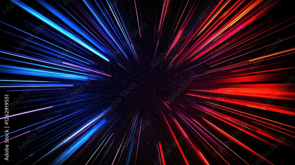 Poster Red and blue light streaks create a dynamic tunnel effect against a starry black backdrop, simulating high-speed motion through space