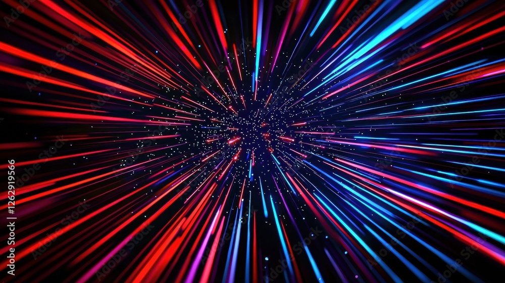 Poster Vibrant red and blue lines create a dynamic light speed effect on a black background, conveying motion and energy with a futuristic feel