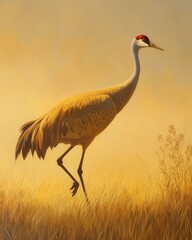 dawn lights up the dry grassland, highlighting a Sandhill Crane as it moves gracefully through the golden expanse