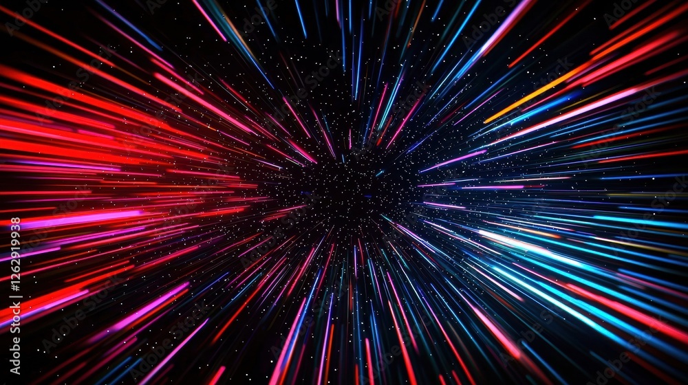 Poster Vibrant red and blue light trails create a dynamic speed effect, evoking a sense of fast motion against a black background with starry details