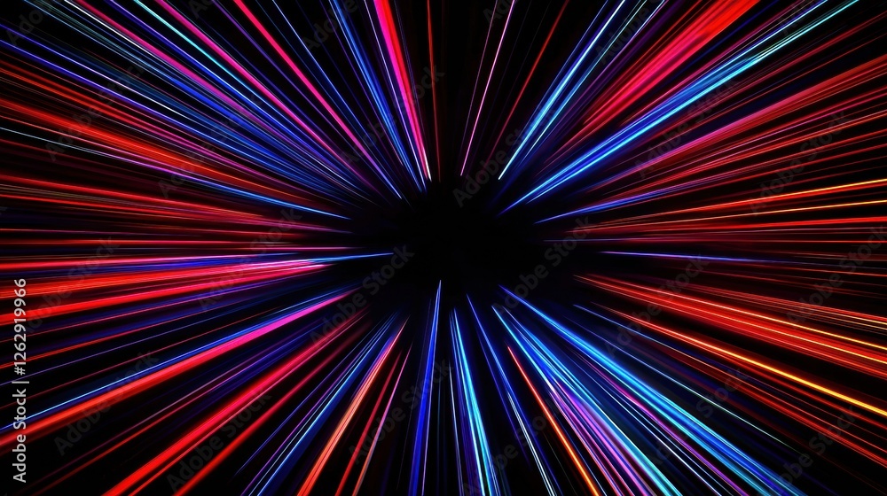Poster Vibrant red and blue lines radiate outward, creating a dynamic motion blur effect against a black background, evoking speed and energy