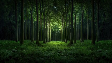 Obraz premium A serene forest scene with tall trees and a soft, green undergrowth, illuminated by gentle light filtering through the canopy.