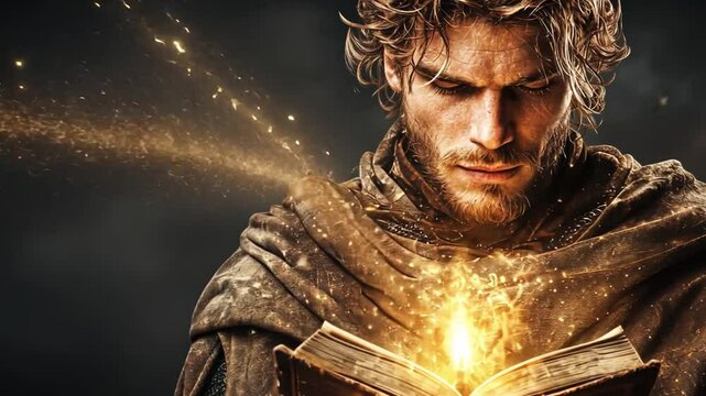 Mystical Manuscript: A brooding sorcerer, cloaked in mystery, gazes intently at an ancient book emitting ethereal flames, a tangible representation of knowledge and arcane power.  