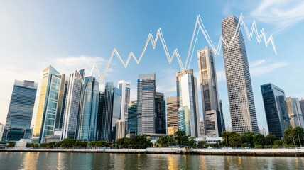 Naklejka premium A modern city skyline with skyscrapers against a blue sky, featuring upward trend lines symbolizing growth and progress.