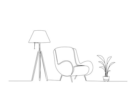 Continuous one line drawing of living room interior. Armchair ,flloor lamp and bamboo plant in single line draw illustration. Editable stroke.