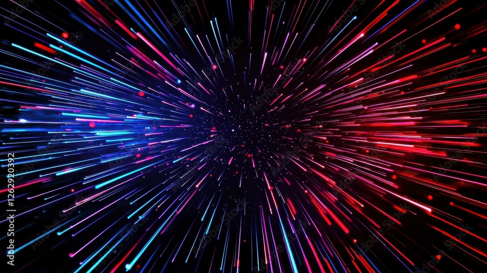 Poster Red and blue lines radiate from a central point, creating a fast motion blur effect against a black background, conveying speed and energy