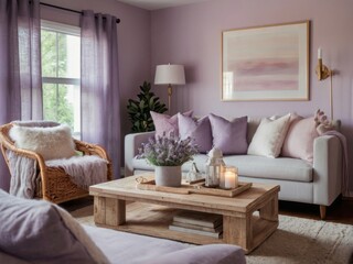 Fototapeta premium Lavender Living Room Decor Soft Furnishings and Artwork