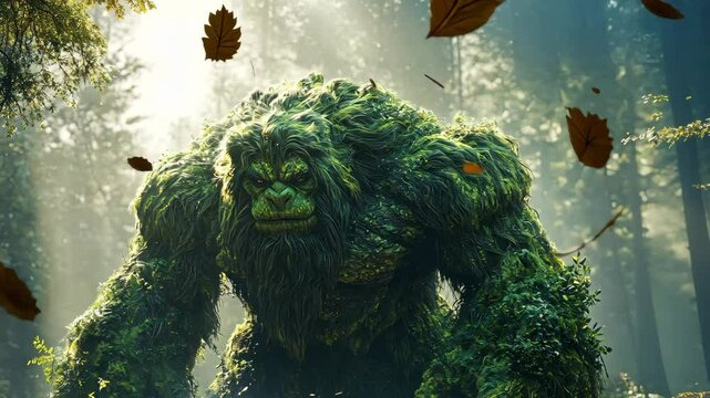 Majestic forest creature amidst falling leaves in sunlit woodland.