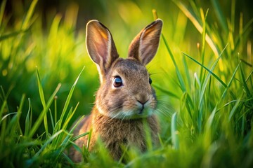 Fototapeta premium Nature's artistry: a hare perfectly blends with the vibrant green field.