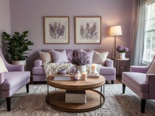 Lavender Living Room Decor Featuring Soft Furnishings and Artwork