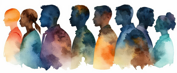 Watercolor painted banner with silhouettes of men and women from diverse cultures and races. Diversity, racial and gender equality, anti-racism, social inclusion concept. 