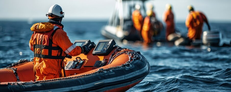 A rescue team in orange gear navigates a boat in open water, demonstrating maritime safety and teamwork in a challenging environment.
