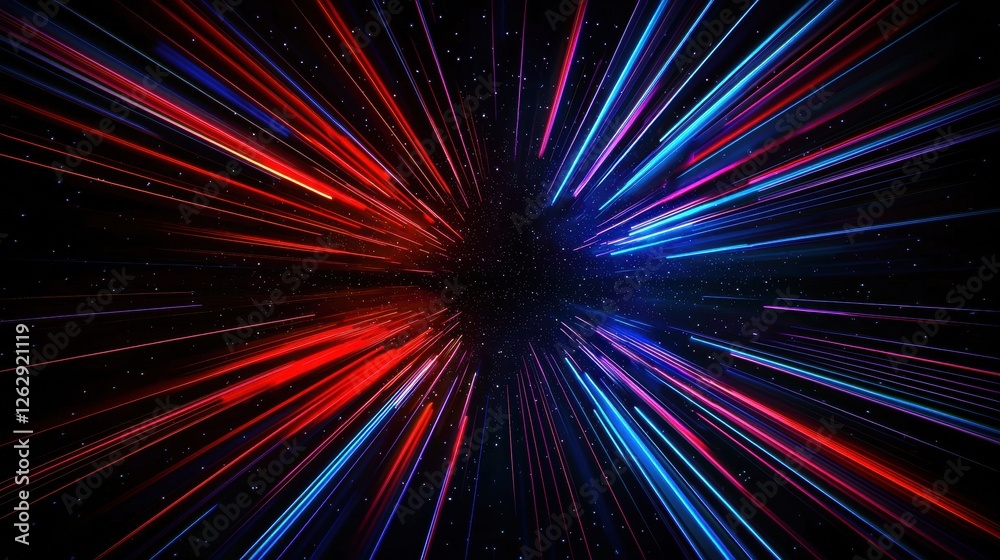 Poster red and blue light streaks create a dynamic, futuristic effect against a black background, resemblin