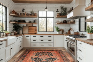 Elegant modern kitchen featuring hardwood accents and natural light with a rustic rug in a serene setting