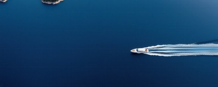 Aerial view of a sleek and powerful speedboat cutting swiftly through the open sea leaving a trail of crashing waves and white foam in its wake  The boat is navigating the vast