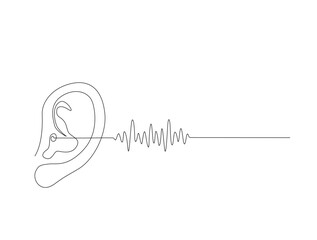 Continuous one line drawing of human ear with wave lline. Human ear in single line draw illustration. Editable stroke.
