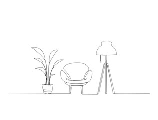 Continuous one line drawing of living room interior. Armchair ,flloor lamp and house plant in single line draw illustration. Editable stroke.