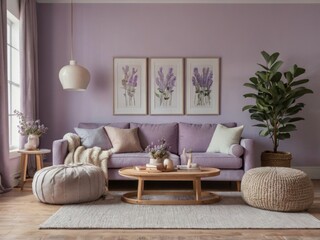 Naklejka premium Lavender Living Room Decor Featuring Cozy Sofa and Plants