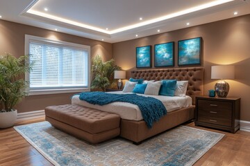Fototapeta premium Modern bedroom design featuring a cozy bed and stylish decor with warm lighting in a bright interior setting