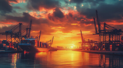 Obraz premium Container truck in ship port for business Logistics and transportation of Container Cargo ship and Cargo plane with working crane bridge in shipyard at sunrise, logistic import export and transport