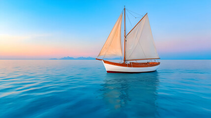 Fototapeta premium Classic wooden sailboat sails on calm blue ocean water during a peaceful sunset.
