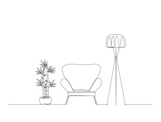 Continuous one line drawing of living room interior. Armchair ,flloor lamp and bamboo plant in single line draw illustration. Editable stroke.