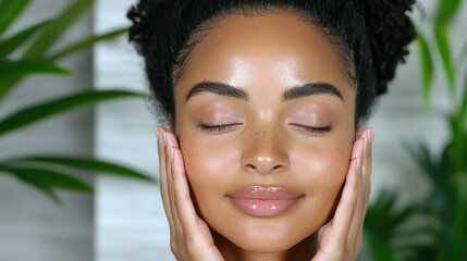 A woman with flawless radiant skin enjoys a moment of tranquil self care and relaxation in a lush tropical inspired indoor setting surrounded by natural greenery and calming natural light