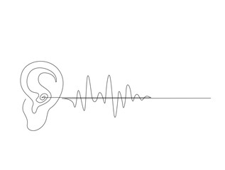 Continuous one line drawing of human ear with wave lline. Human ear in single line draw illustration. Editable stroke.