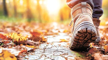 A person wearing hiking boots is walking on a leaf-covered path in the forest during autumn, with sunlight streaming through the golden trees.