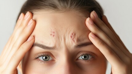 Naklejka premium A woman with acne and pimples on her forehead, captured in a natural light setting with a neutral backdrop.