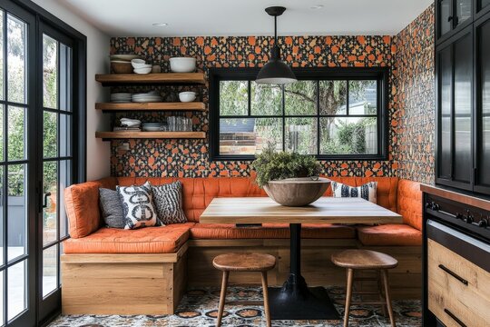 Cozy dining nook with warm tones and stylish decor in a modern kitchen setting