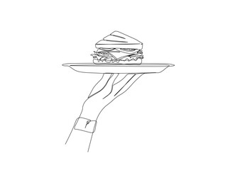 Continuous one line drawing of hand serving sandwich. Serving sandwich on a tray in single line draw illustration. Editable stroke.