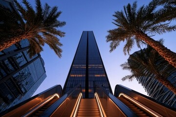 Fototapeta premium Modern skyscraper at twilight with illuminated walkways and palm trees