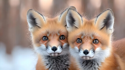 Obraz premium Two red fox kits in snowy woods, winter wildlife