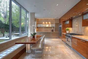 Fototapeta premium Modern kitchen with sleek design and large windows overlooking a garden in a contemporary home