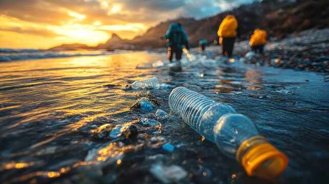 Sunset beach cleanup; volunteers collect plastic waste