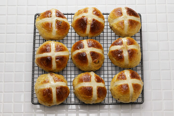 Homemade hot cross buns, a bread commonly eaten in Britain during Easter.