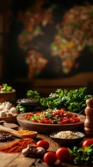 A vibrant arrangement of fresh ingredients, spices, and herbs on a wooden table, with a colorful map in the background, showcasing culinary diversity.