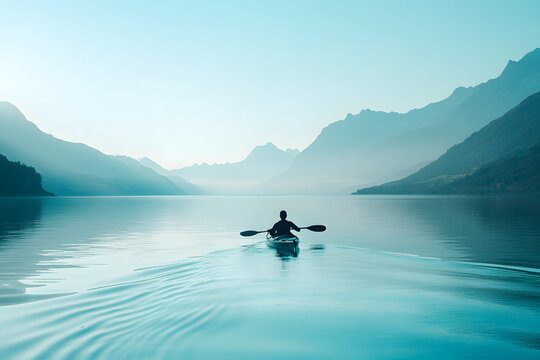 individual kayaking on a serene blue lake, surrounded by majestic mountains blue background 