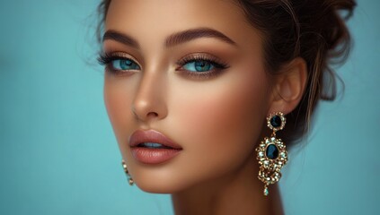 Elegant model showcasing intricate earrings beautiful makeup luxurious jewelry and soft lighting portrait