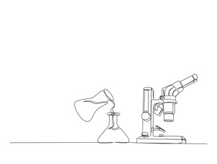 Continuous one line drawing of microscope and laboratory test tube equipment. Research and science concept in single line draw illustration. Editable stroke.