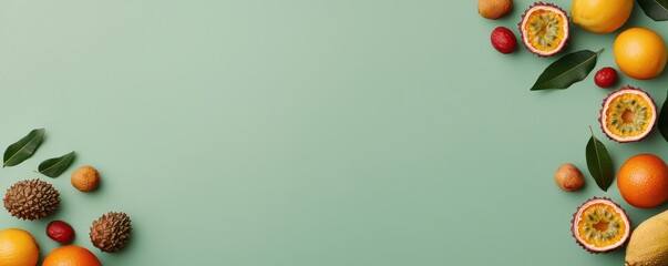 and vibrant arrangement of tropical citrus fruits including passion fruit and star fruit displayed on a minimalist green background