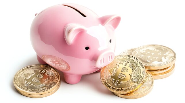 Pink piggy bank with golden bitcoins, symbolizing financial savings, cryptocurrency investment, and modern banking concepts. Ideal for economic growth and digital money themes.