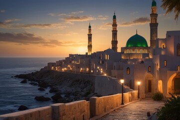 Obraz premium Majestic Mosque at Sunset: A Tranquil Ramadan Evening