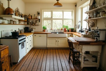 Vintage kitchen with wooden floors and natural light during a sunny day in a cozy home