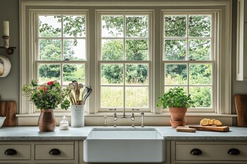 Kitchen with traditional sink and large windows showcasing lush greenery in late afternoon light