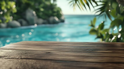 Wooden table near a tropical pool, surrounded by lush greenery. Perfect setting for relaxation, evoking a sense of vacation and tranquility in a serene paradise.