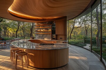 Fototapeta premium Modern kitchen design in a serene forest setting with large windows and natural materials